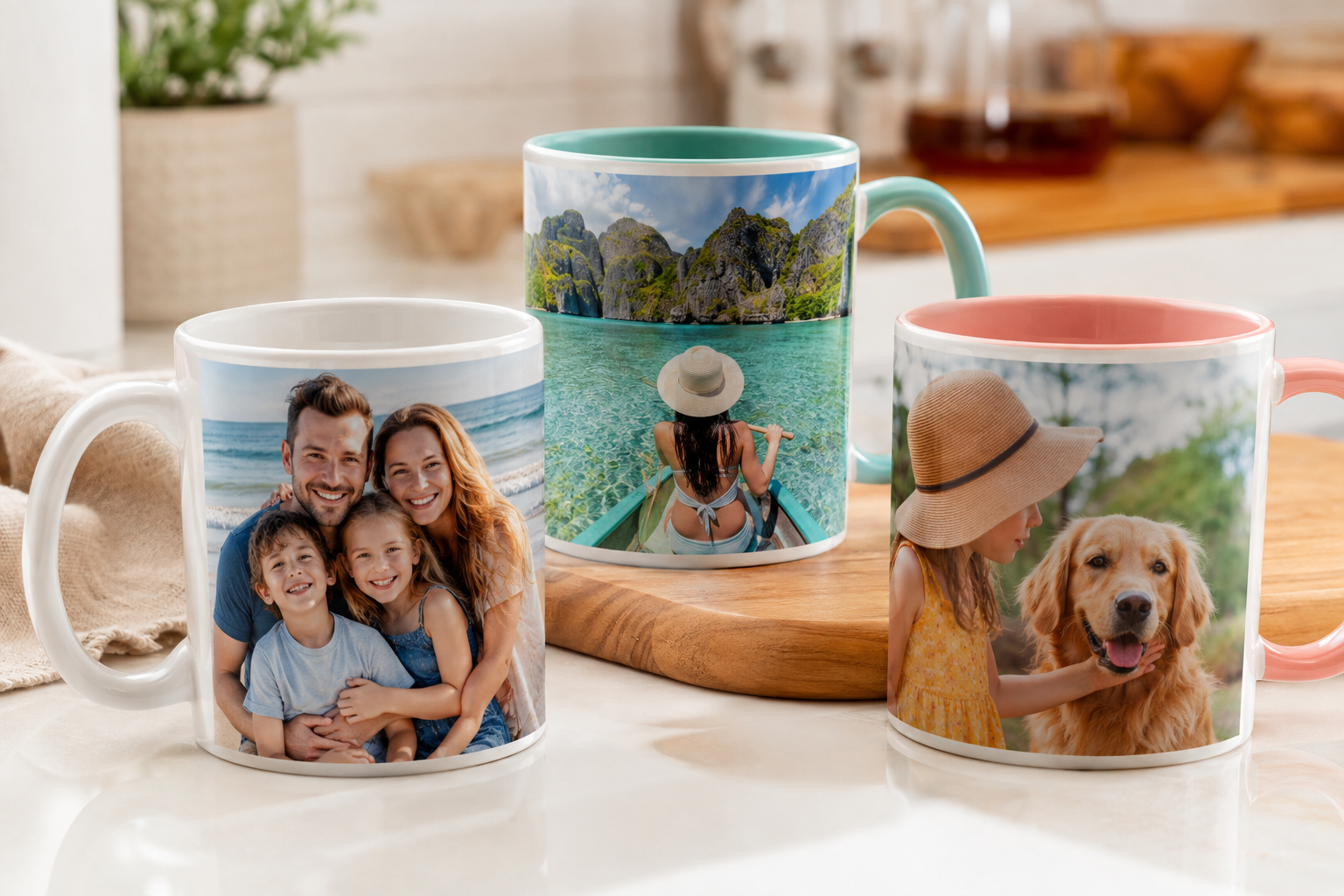 Custom photo mugs on a kitchen counter