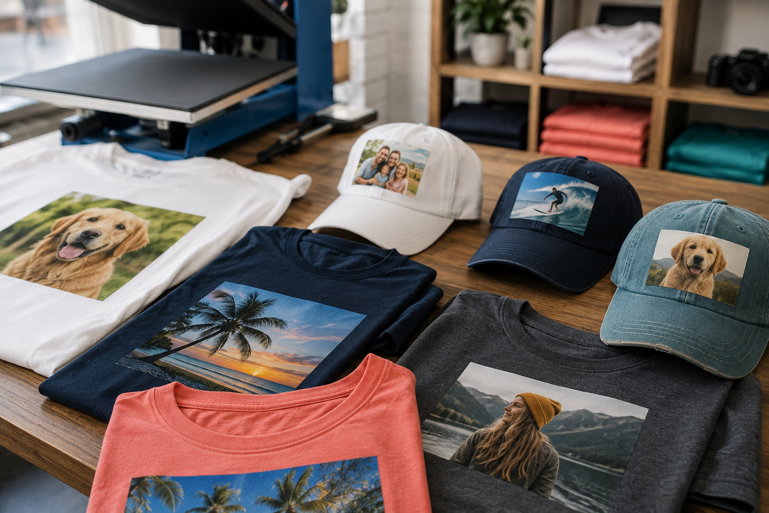 Custom photo t-shirts and hats on a worktable