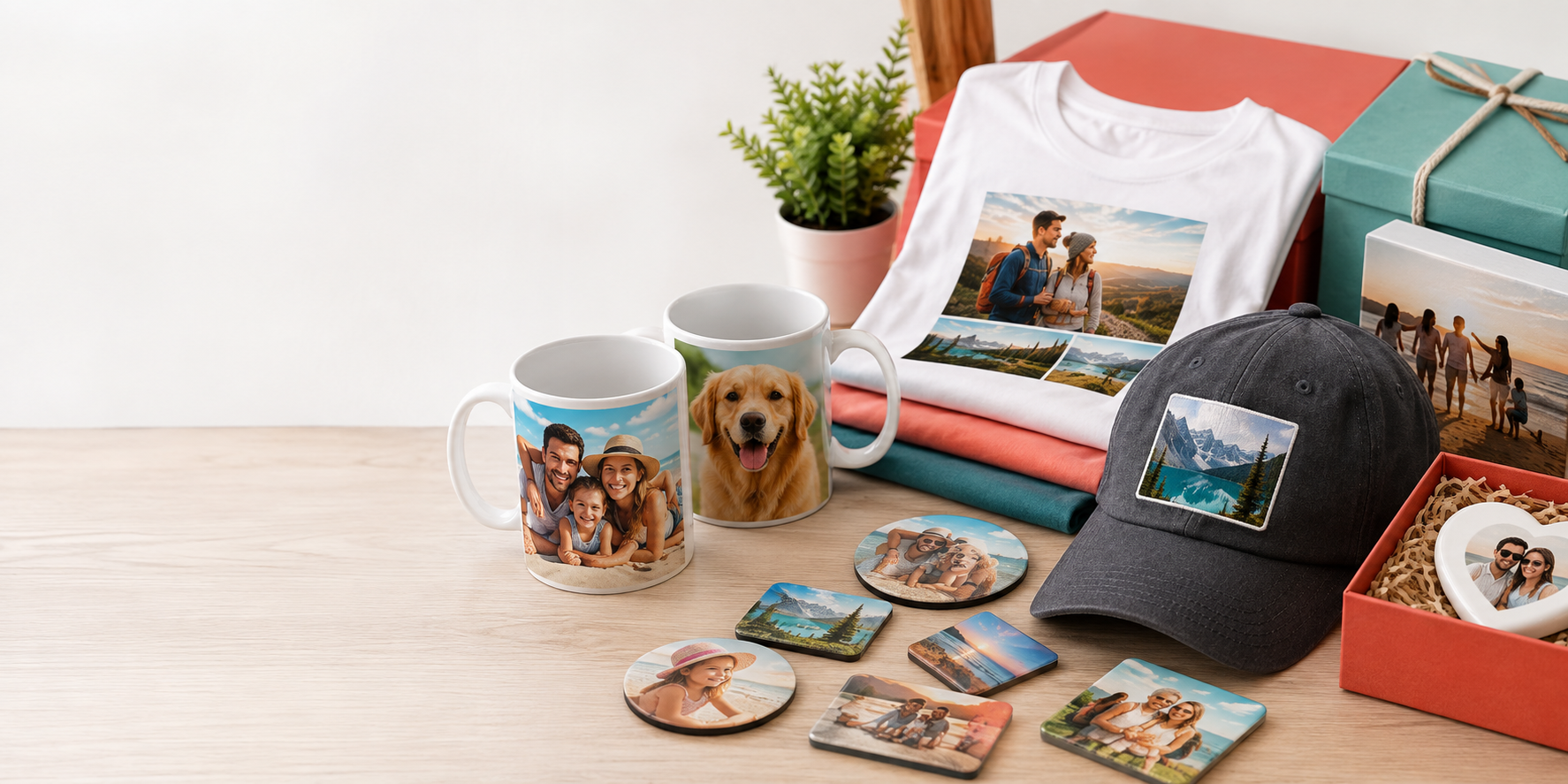 Personalized mugs, shirts, hats, magnets, and gift boxes
