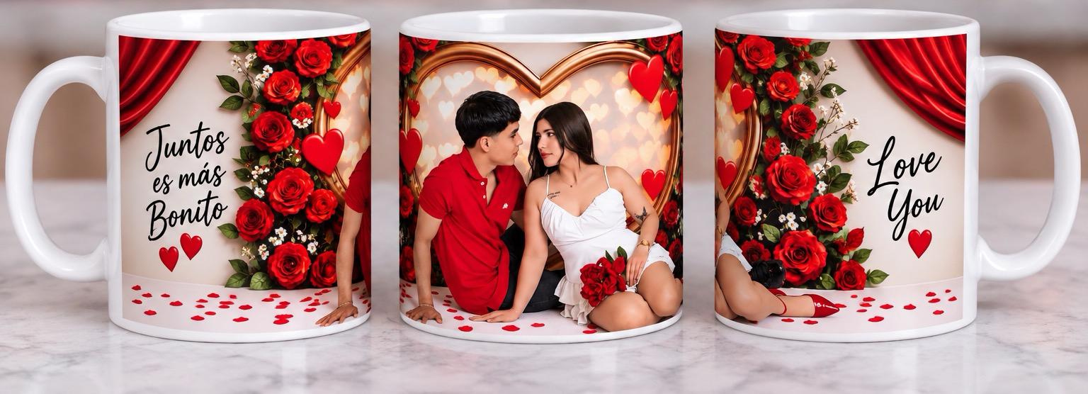 Personalized couple photo mug with red roses